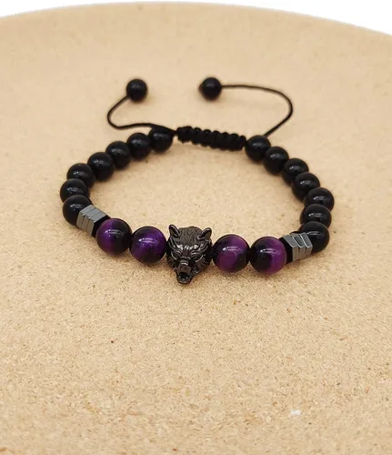 Vista 2 de CEYIYA Viking Wolf Head Bracelet - Anti Anxiety Energy Stone Beaded Bracelet for Men and Boys,Healing Crystal Stress Relief Charm Wolf Bracelet for