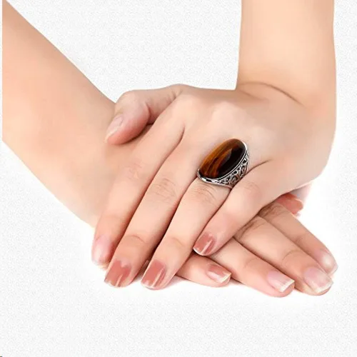 Vista 3 de Gemschest Anillo solitario de plata de ley con forma ovalada de ojo de tigre, Plata Esterlina