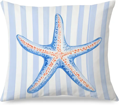 Vista 20 de Fundas de almohada costeras de langosta, fundas de almohada náuticas de langosta roja de Nueva Inglaterra con rayas azules y blancas para casa