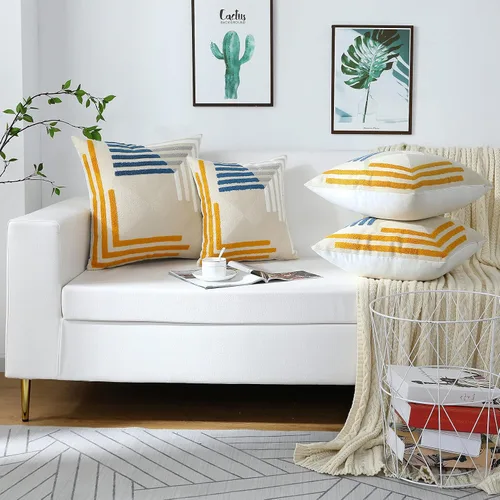 Vista 7 de Juego de 2 fundas de almohada modernas bordadas geométricas de 16 x 16 pulgadas, de algodón con textura copetuda, estilo bohemio, decorativas