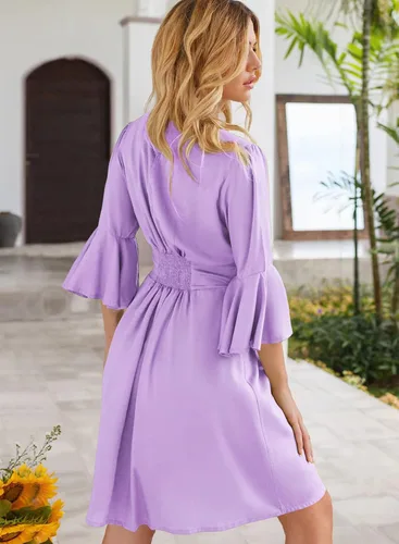 Vista 3 de Mini vestido casual de verano para mujer, vestido con botones, manga corta, cintura alta, longitud hasta la rodilla, vestido de túnica liso fruncido