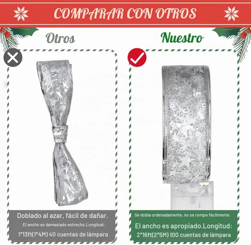 Vista 4 de Cinta plateada para árbol de Navidad, cinta de Navidad con cable, decoración de 32 pies (2 x 16 pies), cinta de Navidad transparente con alambre