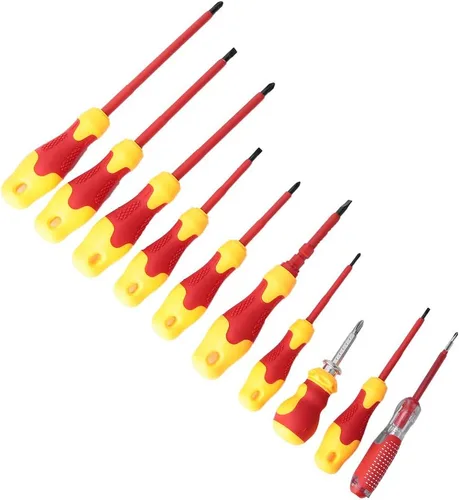 Vista 2 de 10PCS Multifunction Electrician Insulated Screwdriver Set, Slot and Cross Screwdrivers with 1000V Shockproof Red Handle, Magnetic Tips for Tight