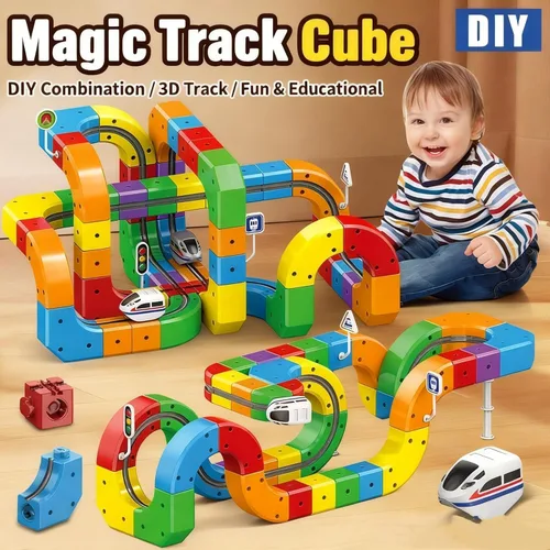 Vista 8 de Juego de tren eléctrico, juego de tren de fusión de pista flexible, kits de construcción de pistas de autos de carreras DIY con señales de tren