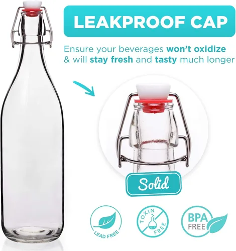 Vista 6 de Botellas de vidrio con tapa abatible [1 litro / 33 onzas líquidas] [Paquete de 4] - Botellas de coquito con tapa abatible para kombucha