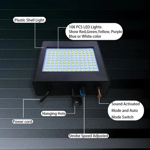 Vista 3 de Mini luz estroboscópica, sUperbrillante RGB/color blanco, luz estroboscópica con 108 mini LED, auto-activada por sonido o modo de flash de control