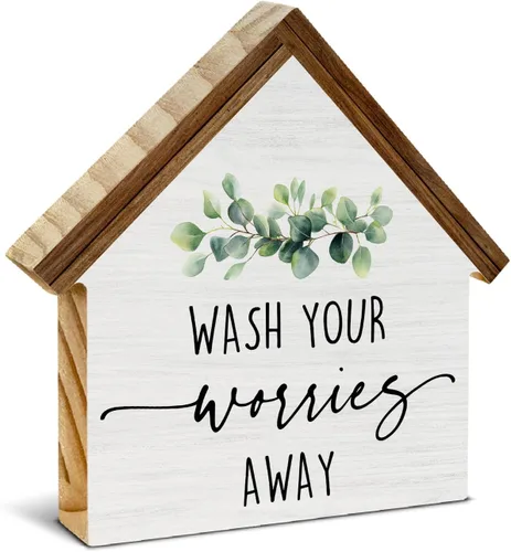 Vista 10 de Decoración rústica de baño, letrero de bloque de madera con forma de casa de campo con forma de ayuda a mantener el lavabo del inodoro, decoración