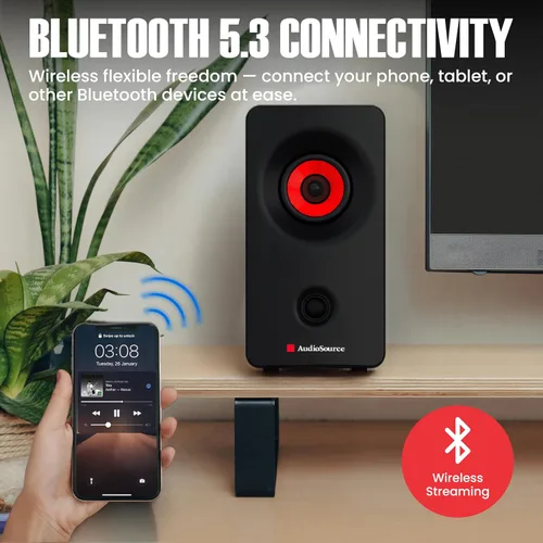 Vista 2 de Audiosource Altavoces de escritorio para PC con Bluetooth 5.3, USB-C Plug & Play, altavoces de computadora estéreo 2.0 con controladores duales