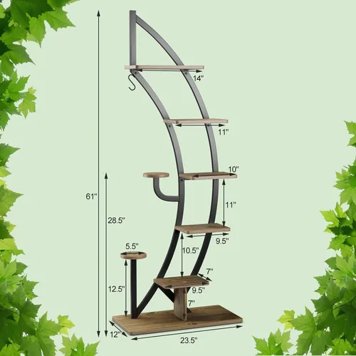 Vista 8 de Giantex Soporte de metal de 6 niveles para plantas de interior, estante de media luna de 61 pulgadas con colgador y dispositivo anticaído, soporte