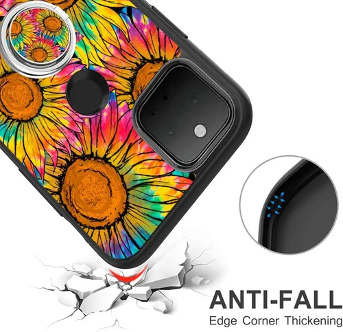 Vista 3 de Funda compatible con Google Pixel 5A 5G con soporte de anillo, diseño de girasol, funda protectora a prueba de golpes para Google Pixel 5A 5G
