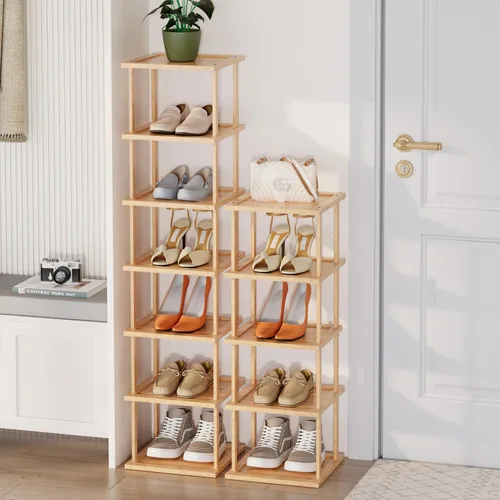 Vista 12 de Zapatero alto vertical para entrada, 7 niveles, delgado, estrecho, de madera de bambú, apilable, soporte de almacenamiento para botas, espacios Negro