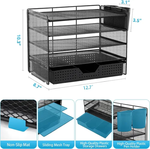 Vista 2 de LEKETREE Organizador de escritorio y accesorios, organizador de bandejas de papel de 5 niveles con cajón y 2 soportes para bolígrafos