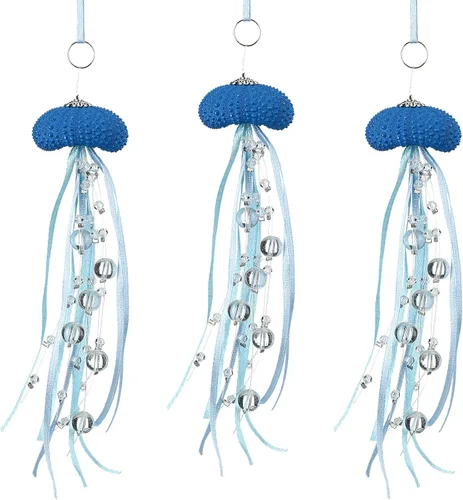 Vista 10 de Namalu 6 piezas de adorno de Navidad de erizo de mar y medusa con cuentas costeras, decoración festiva de playa con temática de océano, adorno Azul