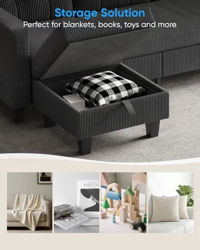 Vista 3 de Sofá en forma de L de 76 pulgadas, sofá modular convertible de pana con otomana de almacenamiento reversible, moderno sofá modular de 3 asientos
