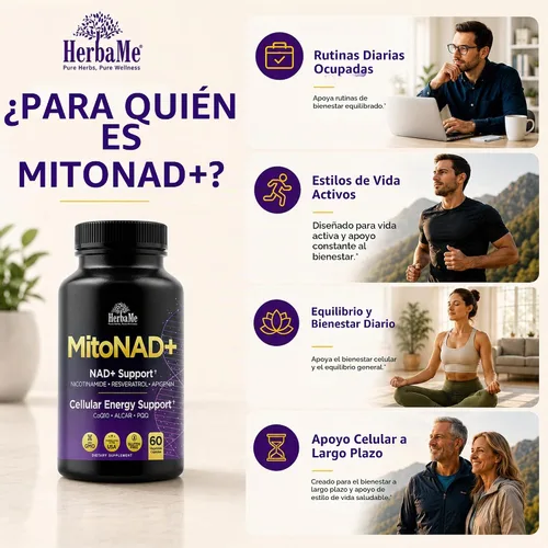 Vista 6 de HerbaMe Suplemento de apoyo NAD+, fórmula de energía celular de múltiples