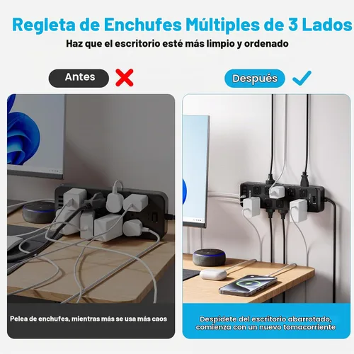 Vista 4 de Regleta de alimentación con enchufe plano, protector contra sobretensiones con 20 tomas de corriente AC y 6 puertos USB, 1875 W/15 A, 2700 julios