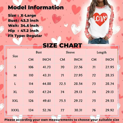 Vista 5 de Sudaderas para el día de San Valentín para mujer, blusas de cuello redondo, casuales, sin botones, estampado de corazón, camisas de manga larga