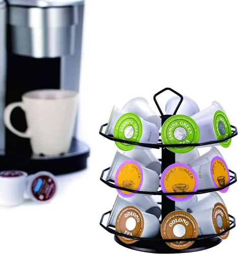 Vista 4 de FlagShip Carrusel para tazas K de 3 niveles para soporte de cápsulas Keurig de metal, instalación de bricolaje, pequeño para almacenamiento