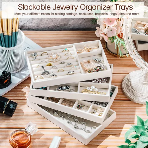 Vista 6 de 16 bandejas organizadoras de joyas apilables pequeñas para cajones, 8.3 x 5 x 1 pulgadas, pequeñas joyas de terciopelo para armario, aparador