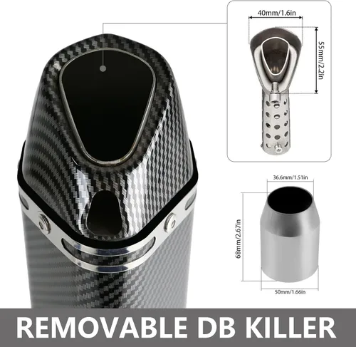 Vista 3 de Silenciador de escape de fibra de carbono de 1.5 – 2 pulgadas con DB Killer extraíble para motocicletas de calle/deporte y scooters con tubos