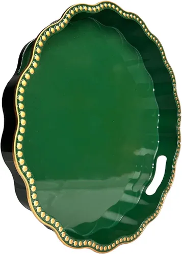 Vista 28 de Bandeja decorativa azul para mesa de café, bandeja de servir redonda de plástico con cuentas para encimera de cocina, otomana, sala de estar, (13")