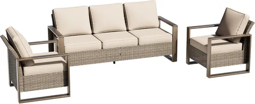 Vista 47 de Sofá de Mimbre Metálico para Patio de 75", Sofá Sillón de Ratán para Exteriores de 3 Asientos para Todo Tipo de Clima con Cojines Premium
