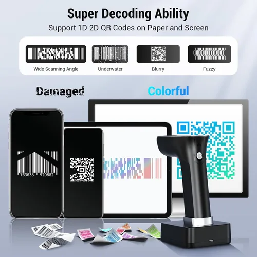 Vista 4 de Tera Escáner de código de barras inalámbrico con pantalla: versión Pro 1D 2D QR con ajuste digital teclado interruptor de alimentación base de carga