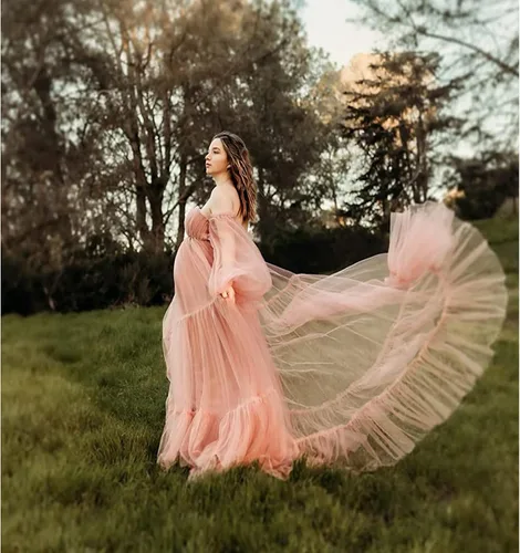 Vista 5 de Vestidos de maternidad de tul para sesión de fotos, batas de hombros descubiertos, manga larga, lencería nupcial, baby shower, vestidos de embarazo