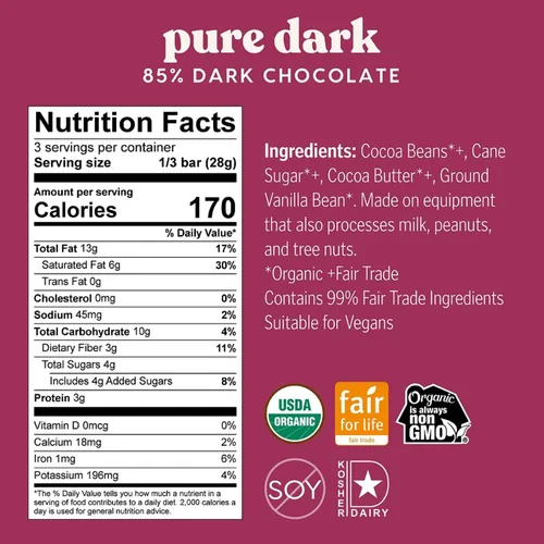 Vista 2 de Theo Chocolate Barra de Chocolate Negro Orgánico Puro 85% Cacao, Paquete de 12 Vegano, Comercio Justo