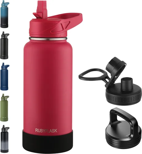 Vista 19 de RUBYFLASK - Botella de agua aislada con pajilla, jarra de agua al vacío de acero inoxidable, 24 onzas, botella con 3 tapas a prueba de fugas