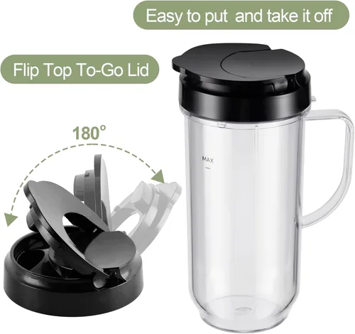 Vista 6 de Equust 4 tazas altas de 22 onzas con tapas abatibles para llevar, piezas de repuesto compatibles con vasos mezcladores Magic Bullet de 250 W MB1001