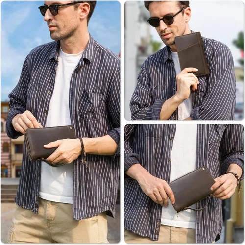 Vista 2 de Funda de cuero de grano superior para pasaporte de viaje para hombre y mujer, hecha a mano para 4 pasaportes y múltiples tarjetas, bloqueo RFID