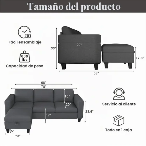 Vista 2 de Sofá modular para sala de estar, sofá en forma de L, pequeño modular de 3 asientos, cómodo lino con almacenamiento de asiento profundo, fundas