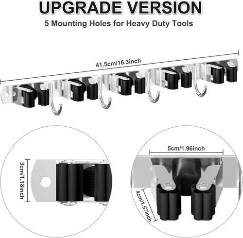 Vista 6 de Soporte de Pared para Escoba, Organizador de Escoba de Montaje en Pared de Acero Inoxidable y Colgador de Trapeador de Servicio Pesado, Organización