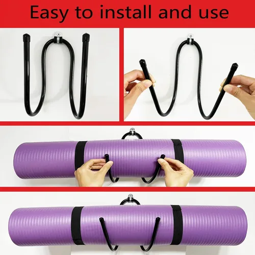 Vista 5 de Paquete de 2 soportes grandes para esterillas de yoga de montaje en pared, organizador de estante de pared para esterilla de yoga/ruedas, rodillo