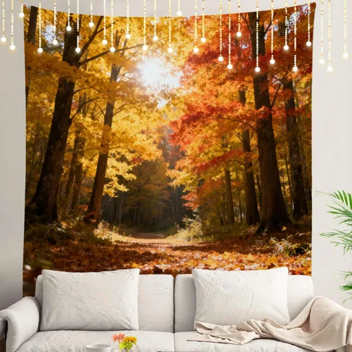 Vista 77 de Shrahala Tapiz de pared de hojas de arce otoñal, hojas rojas sin costuras sobre negro para colgar en la pared, tapiz grande decorativo de fibra