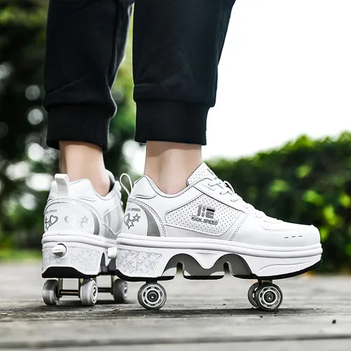 Vista 2 de Zapatos patines 2 en 1 con 4 ruedas retráctiles y zapatillas de deformación emergentes para deportes al aire libre y patinaje para niñas y niños