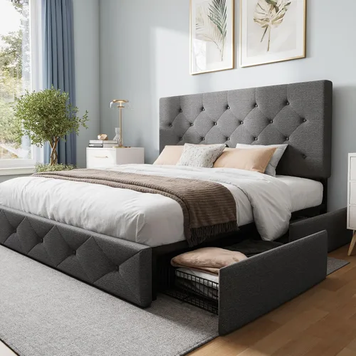 Vista 25 de WEEWAY Base de cama de plataforma de tamaño matrimonial con 4 cajones de almacenamiento, cabecera capitonada con botones de costura de diamante
