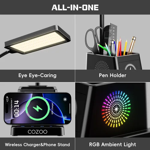 Vista 8 de Lámpara de escritorio LED Cozoo para hogar y oficina, lámpara de escritorio brillante de 15W con cargador inalámbrico y soporte para bolígrafos