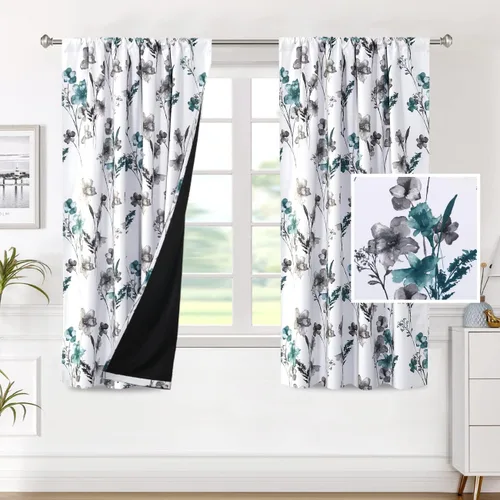 Vista 31 de H.VERSAILTEX cenefas de cortina 100% opacas para ventanas de cocina, juego de 2 paneles, estampado floral Cattleya Leah, cenefas térmicas aisladas