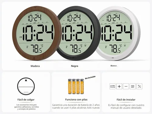 Vista 6 de Reloj de pared digital con fecha, temperatura interior, DST automático, reloj digital a batería, reloj de pared pequeño de madera decorativo de 8