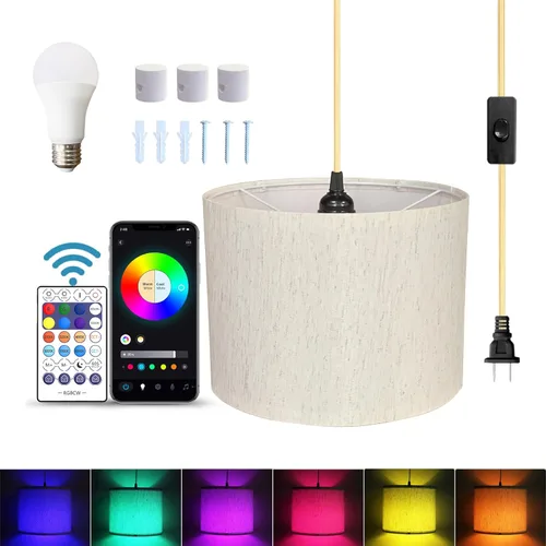 Vista 9 de ZSLAIFU Luz colgante enchufable de 15 pies con interruptor, luces colgantes con cable enchufable, lámpara colgante con control remoto, lámpara Blanco