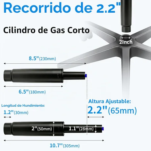 Vista 2 de MySit Cilindro de Elevación de Gas de Repuesto para Silla de Oficina con Carrera de 2.2", Resistente 450 libras, Varilla de Resorte de Gas Más