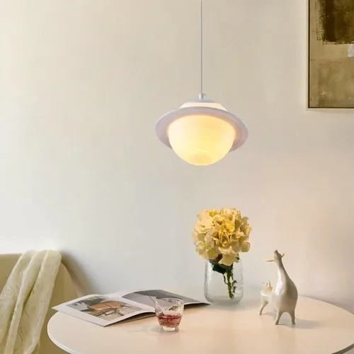 Vista 3 de Lámpara colgante de planeta con anillo de impresión 3D con bolas blancas, lámpara colgante de techo moderna para dormitorio, comedor, mesa