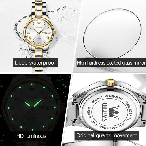 Vista 6 de OLEVS Reloj dorado para mujer con fecha de día de acero inoxidable, impermeable, de cara pequeña, de cuarzo, analógico, de moda, dorado, negro