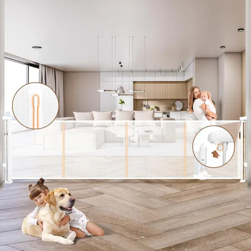 Vista 10 de Puerta retráctil para bebés de 120" extra ancha, puerta retráctil para perros de 41" de altura para escaleras, puertas, terrazas, puerta de malla