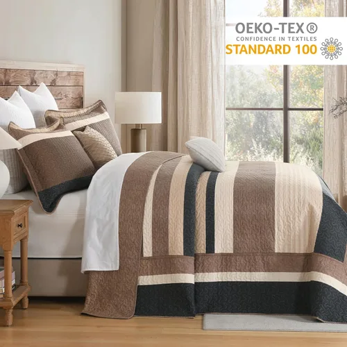 Vista 3 de Finlonte Colcha tamaño Queen, 100% algodón, cubrecamas de gran tamaño, tamaño Queen, color marrón carbón, beige, acolchado, a rayas, estilo granja