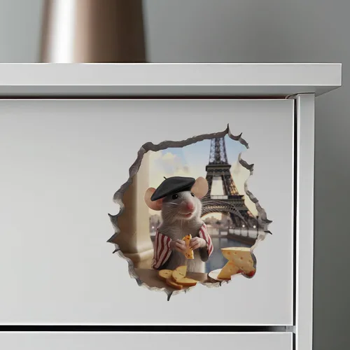 Vista 7 de Calcomanía de pared 3D con agujero de ratón de la torre Eiffel francesa