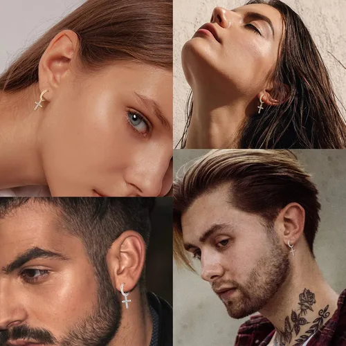 Vista 6 de Milacolato Aretes de plata de ley 925 con cruz para hombres y mujeres, delicados aretes de aro con circonita cúbica, aretes colgantes de cruz