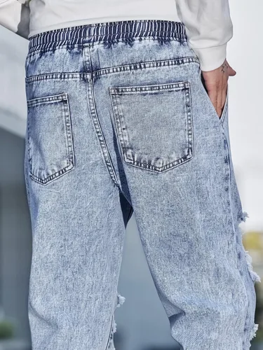 Vista 8 de Jeans para hombre Pantalones de mezclilla rasgados con letras parcheadas para hombre (Color lavado ligero, Talla L)